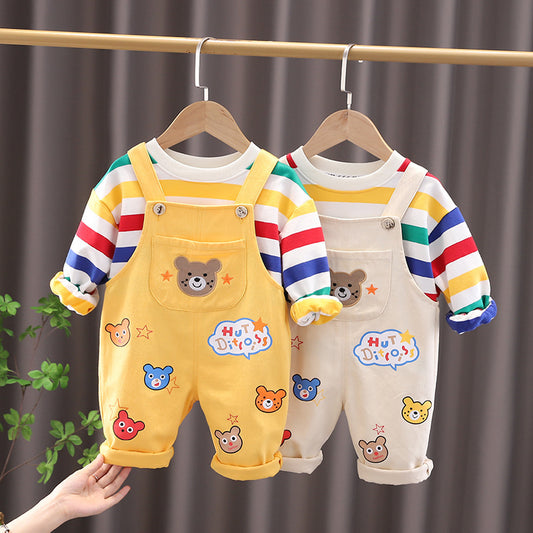 Bear Overalls Set – Striped Top & Bib Pants