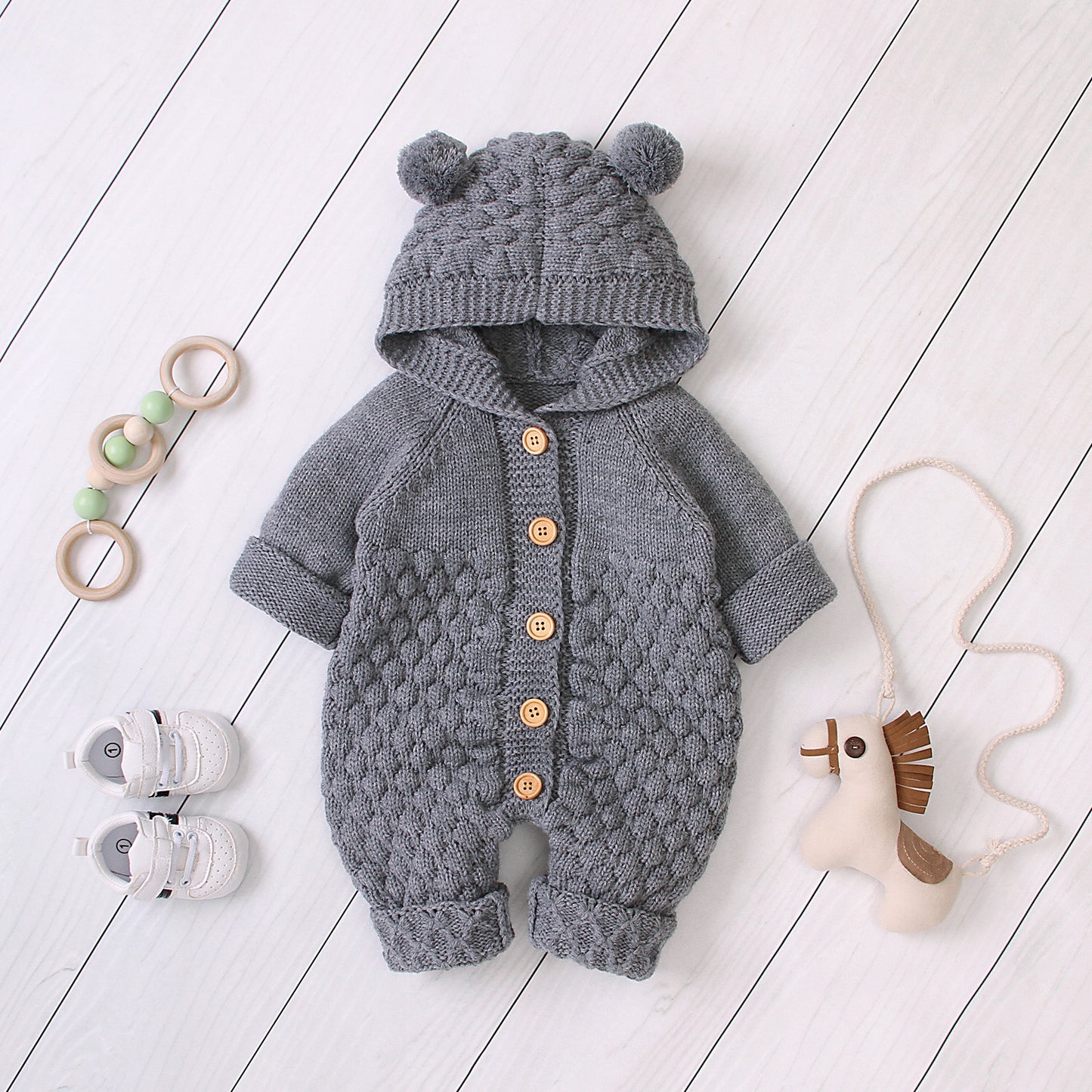 Hooded Knitted Baby Jumpsuit