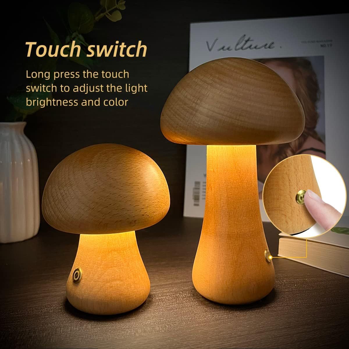 Wooden Mushroom LED Night Light – Touch Control Bedside Lamp
