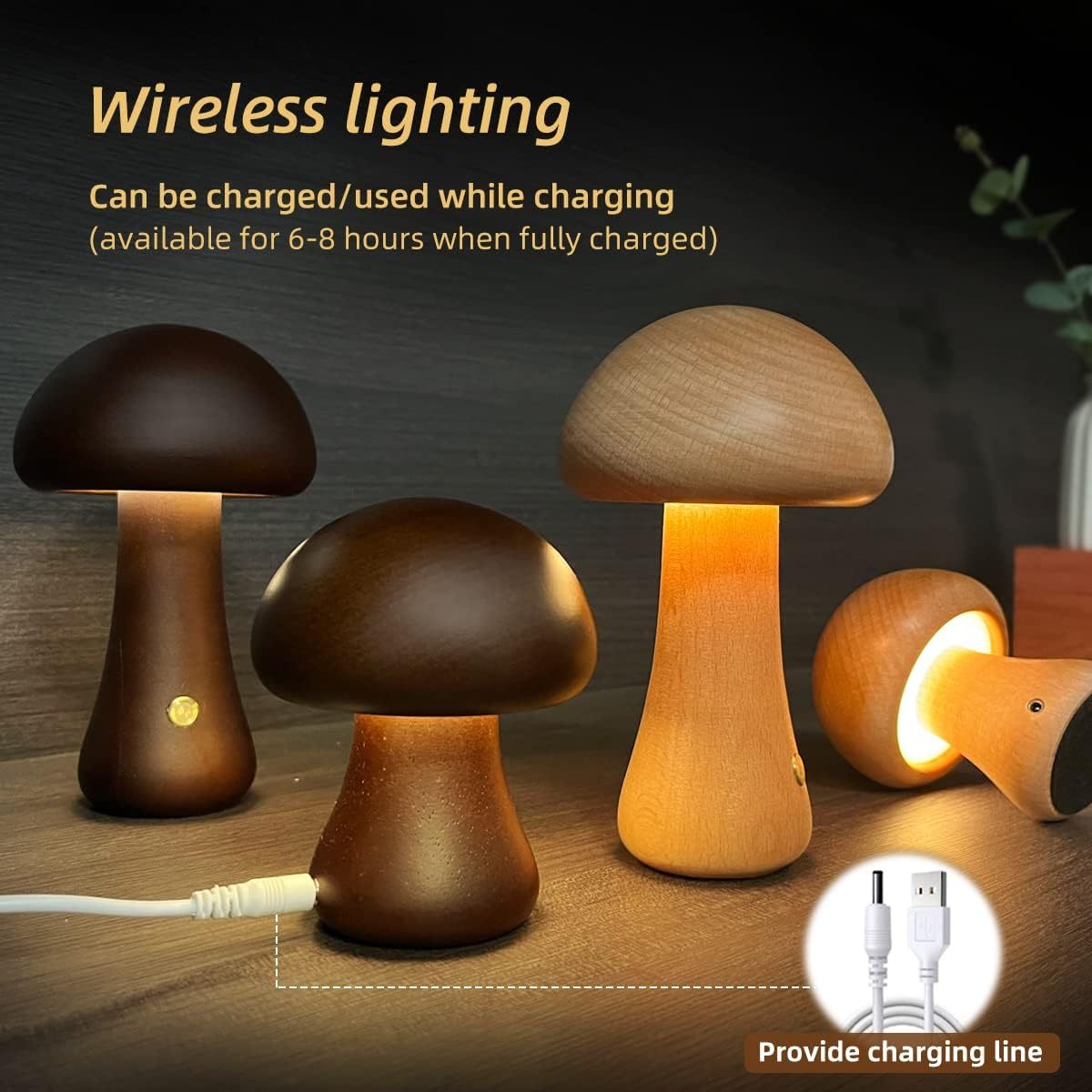 Wooden Mushroom LED Night Light – Touch Control Bedside Lamp