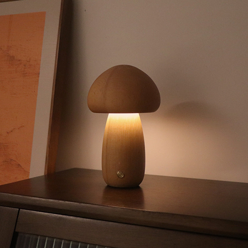Wooden Mushroom LED Night Light – Touch Control Bedside Lamp
