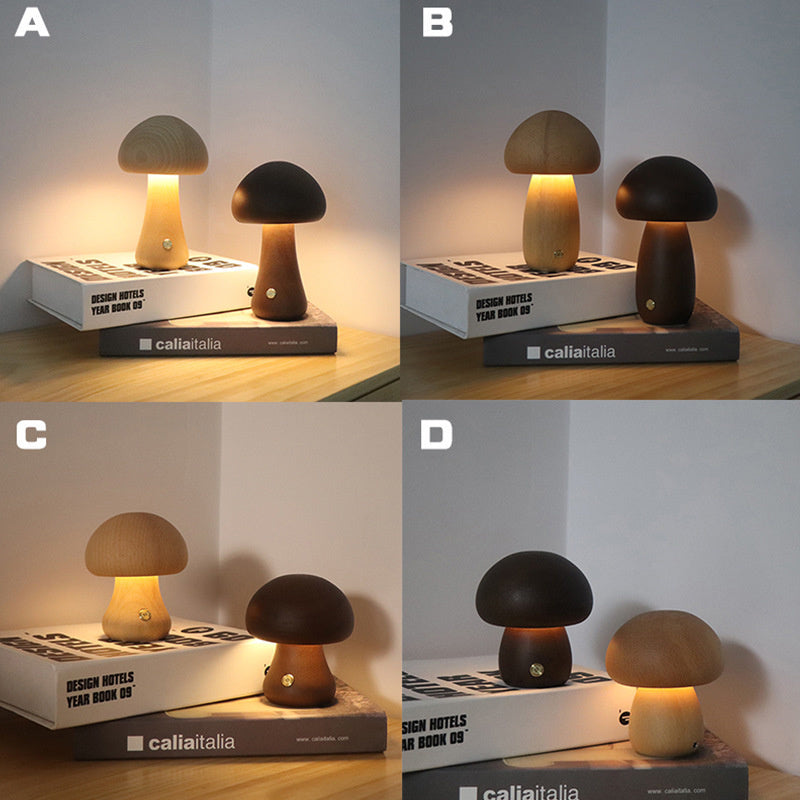 Wooden Mushroom LED Night Light – Touch Control Bedside Lamp