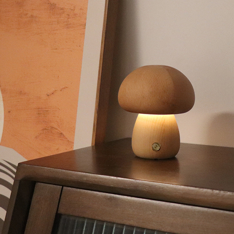 Wooden Mushroom LED Night Light – Touch Control Bedside Lamp