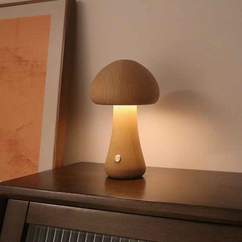 Wooden Mushroom LED Night Light – Touch Control Bedside Lamp