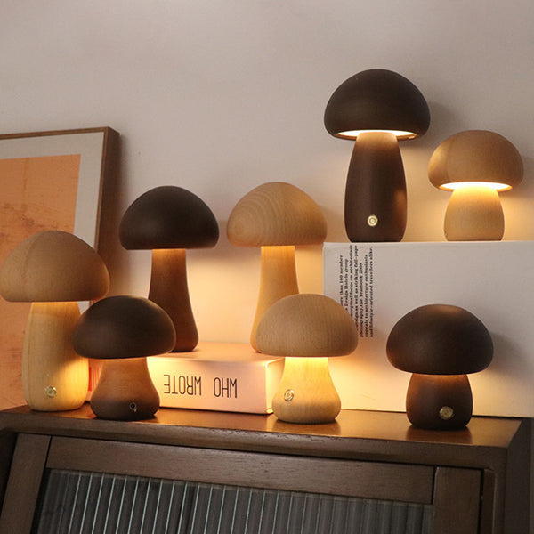 Wooden Mushroom LED Night Light – Touch Control Bedside Lamp